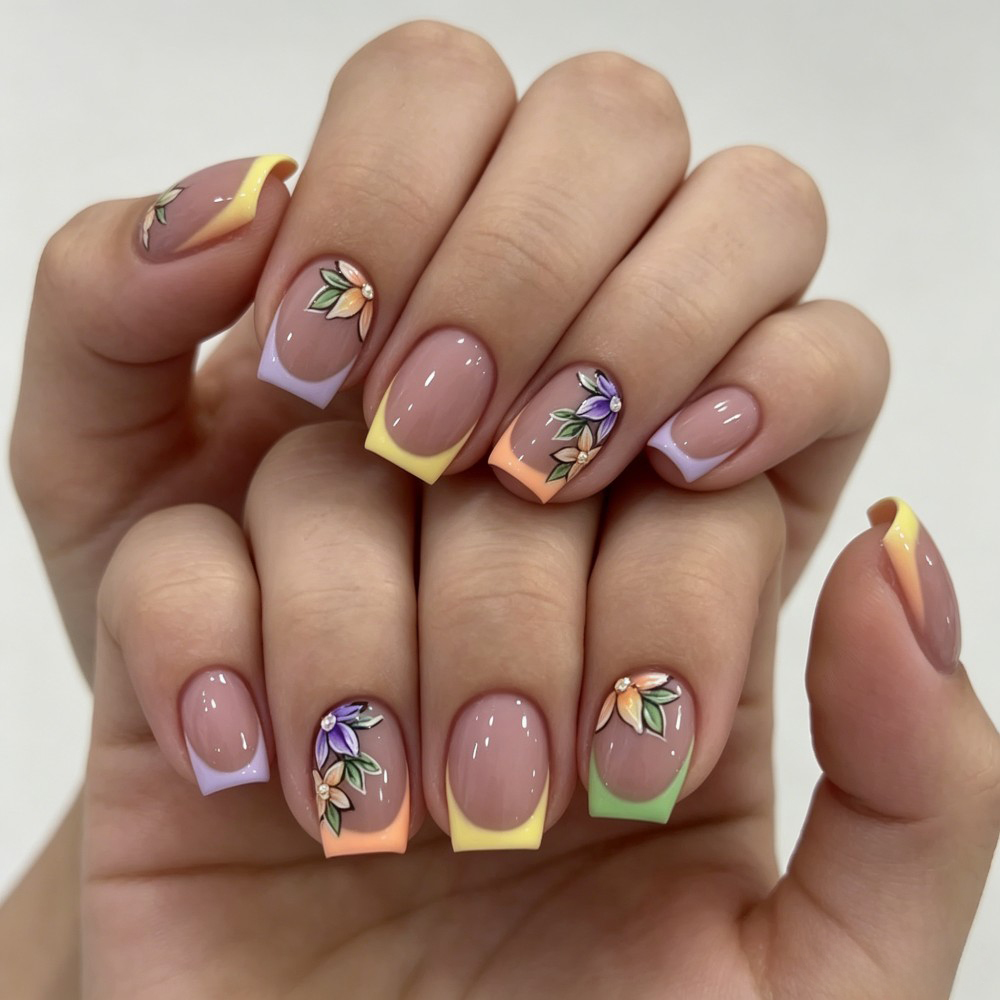 Pressed Flower Art - 24Pcs Pink Floral French Tip Glossy&Elegant