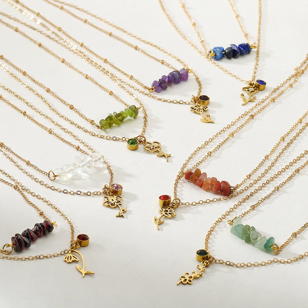 Birth Flower Necklace - New Birth Month Flower Birthstone Multi-layers