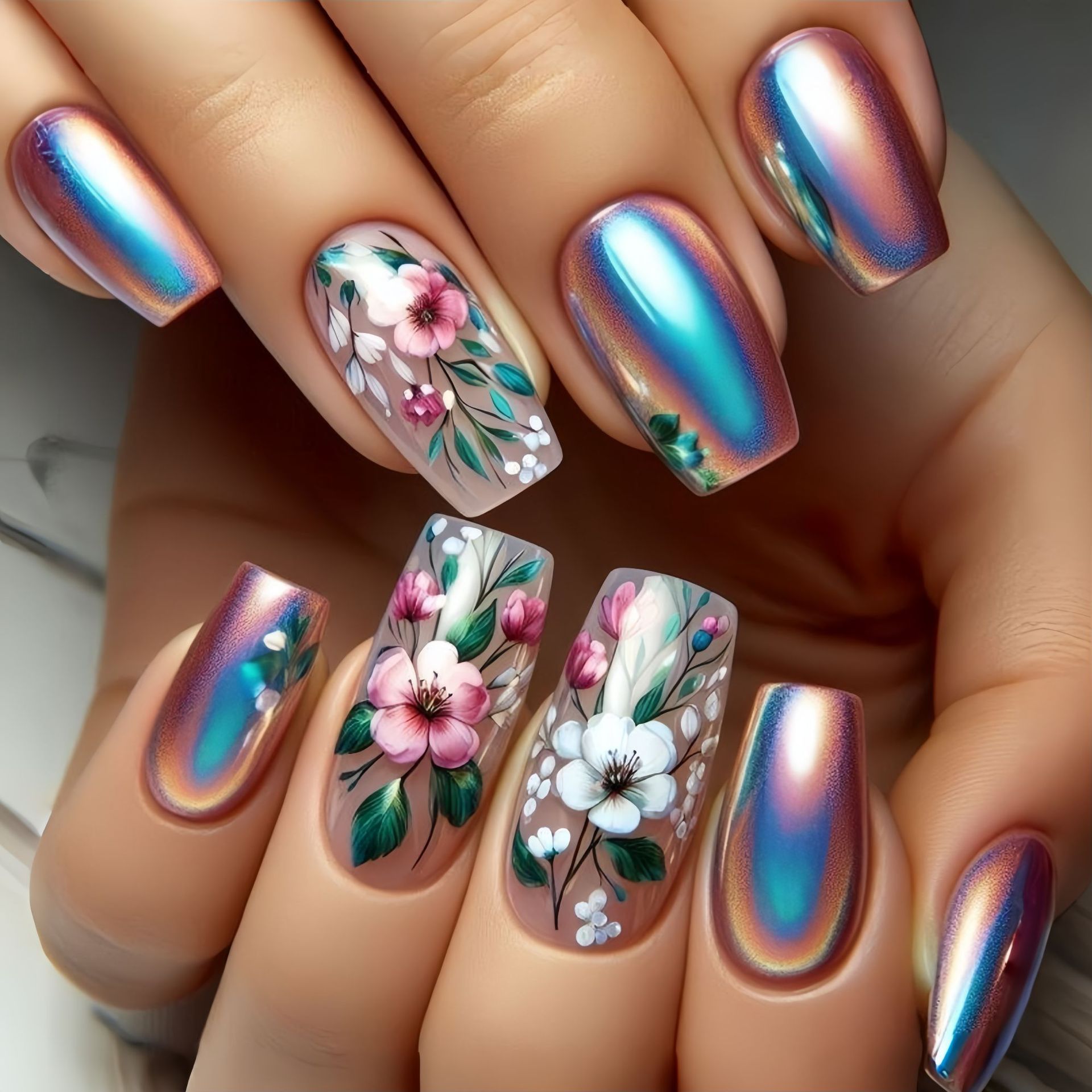 Medium long fake nails for wom - Pressed Flower Art review and price
