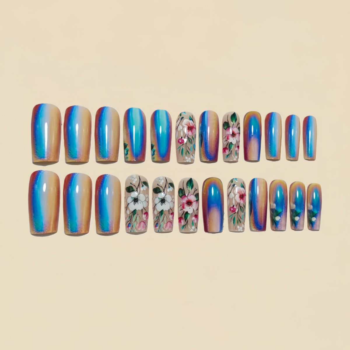 Medium long fake nails for wom - Pressed Flower Art review and price