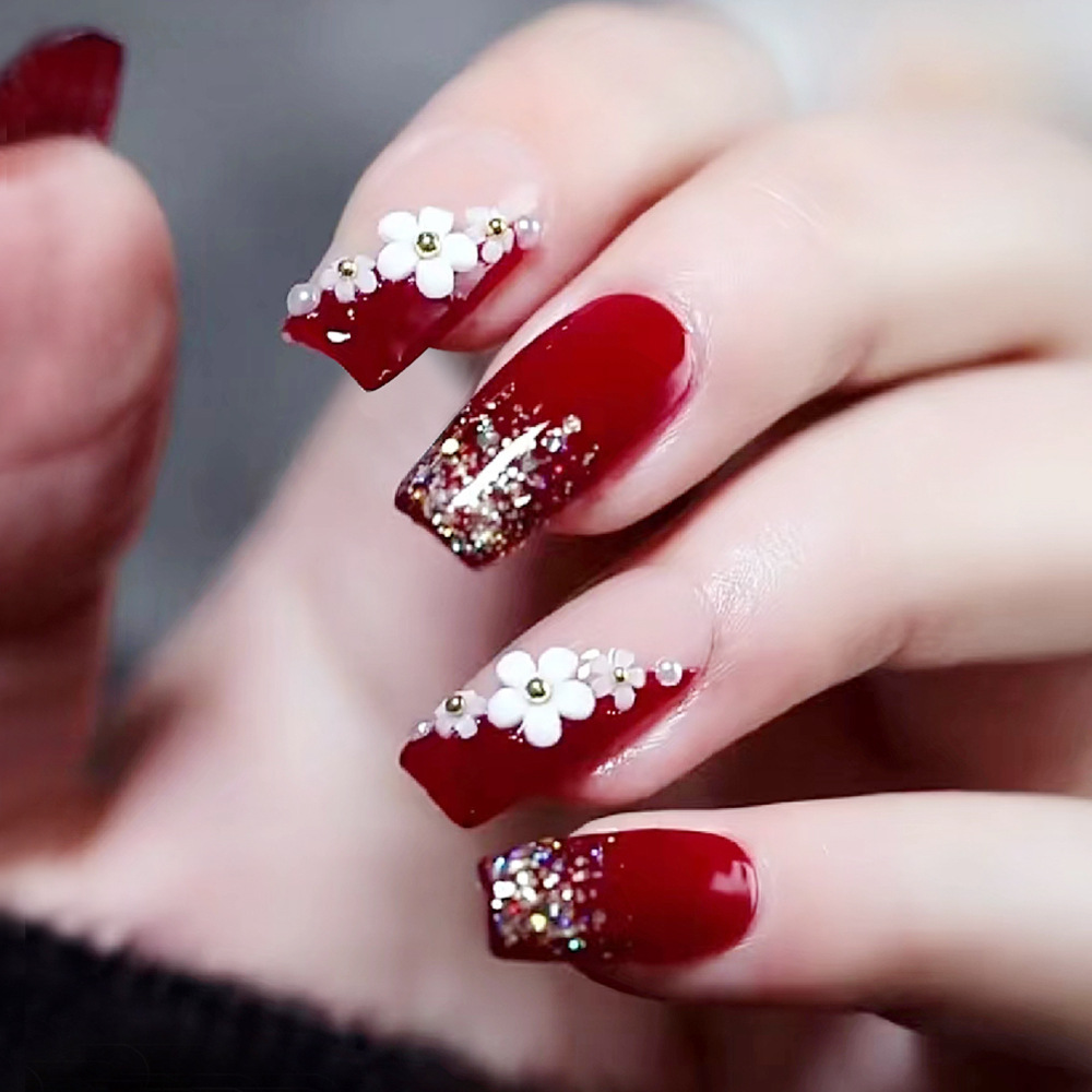 24pcs Glossy Red Press on Nail - Pressed Flower Art review and price