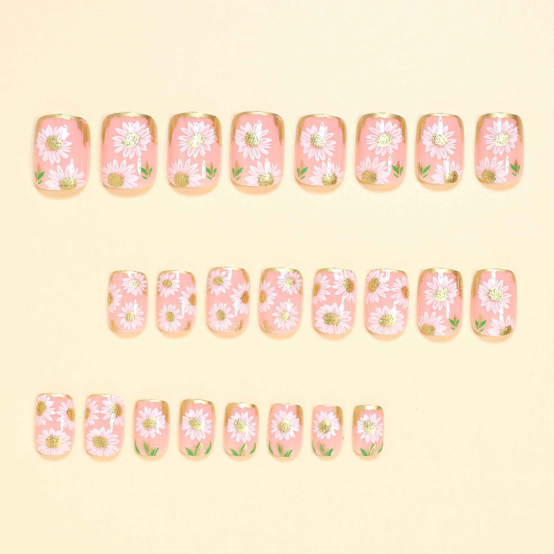 Short Square Fake Nails Golden - Pressed Flower Art review and price