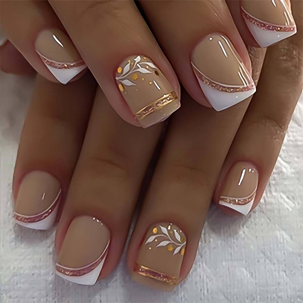 Short Square Fake Nails Golden - Pressed Flower Art review and price